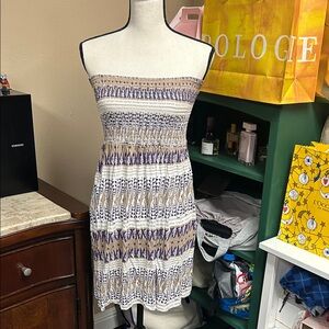 Elegant Strapless Smocked Dress in Purple and Tan